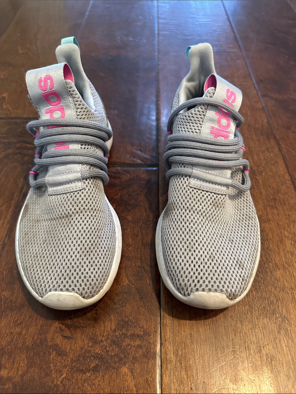 Adidas Girls Gray Sneakers with Teal and Pink Accents